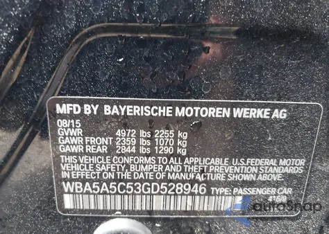 2016 BMW 528I from USA, damaged, VIN WBA5A5C53GD528946